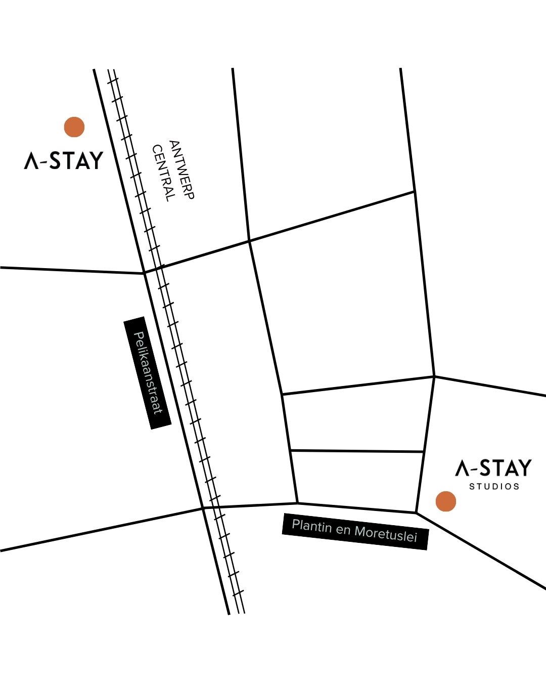 Kaart met A-STAY Antwerp en A-STAY Studios, 500 meter uit elkaar