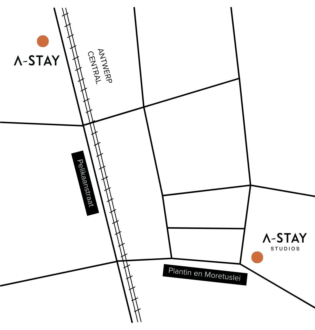 Map showing A-STAY Antwerp and A-STAY Studios, 500 metres apart